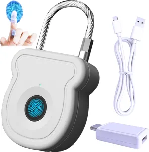 Fingerprint Padlock 20 User for Gym Locker, Biometric Lock w/USB Key for Luggage Backpack Guncase Box Suitcase Bag, Smart Combination Cable Latch for RV Travel School Office Drawer Cabinet