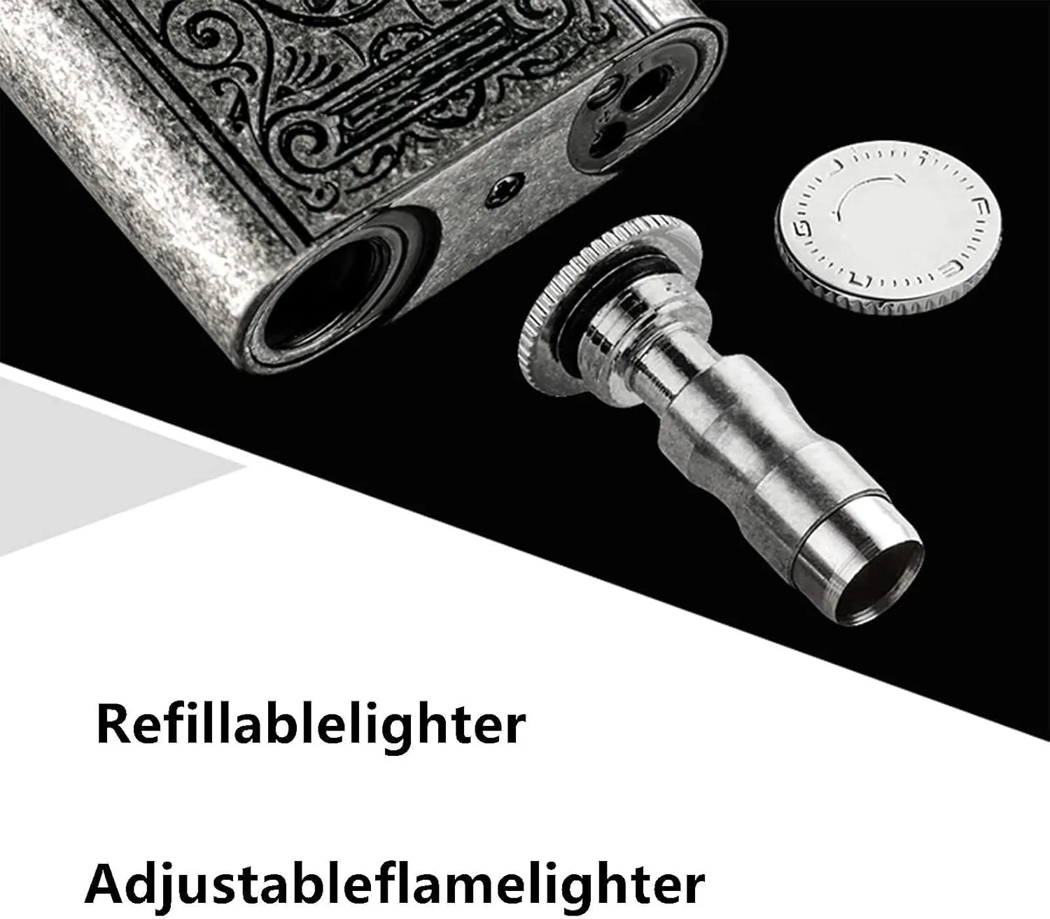 Flame Torch Windproof Lighters, Refillable Adjustable Lighter for Men,Vintage Embossed Dual Blue Lighter， Business Gift (No Fuel Included)(Silver)