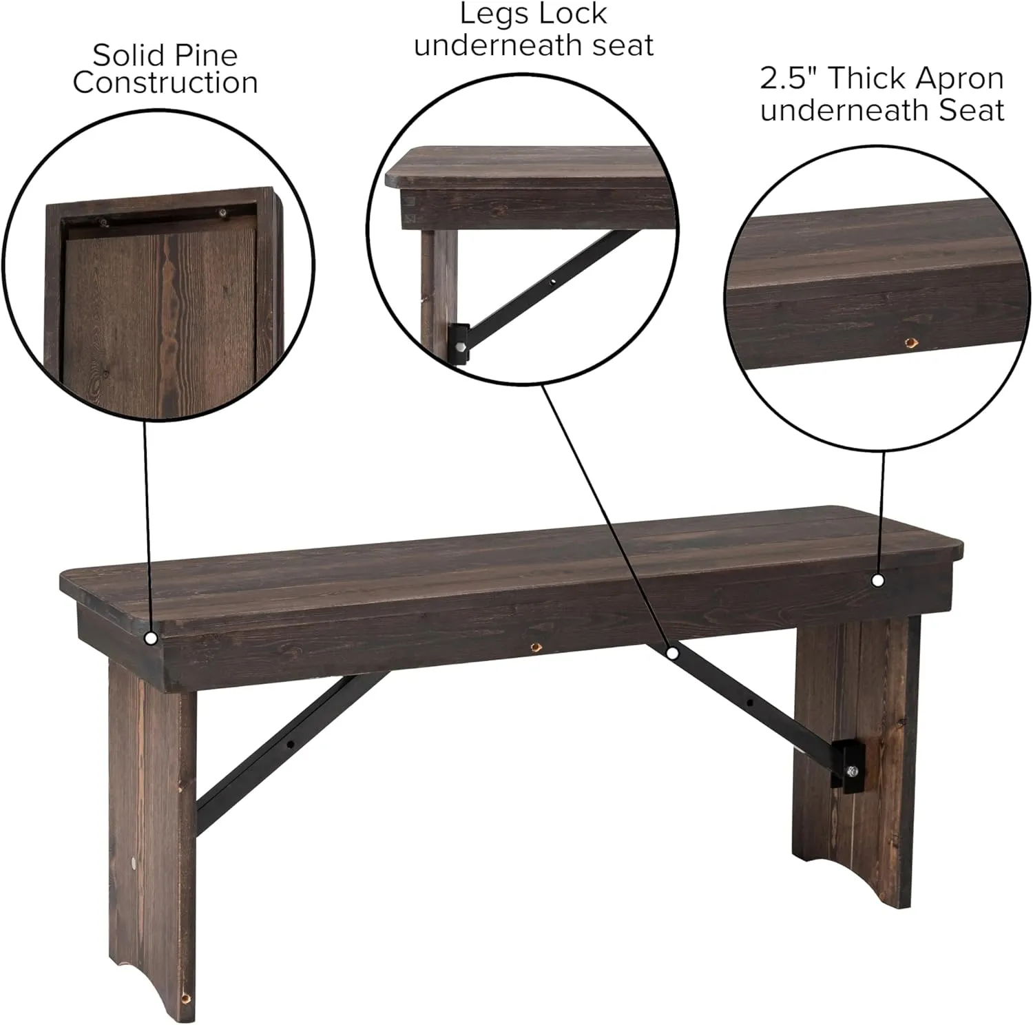 Flash Furniture HERCULES 40" x 12" Folding Farm Bench, Solid Pine Entryway Bench in Mahogany
