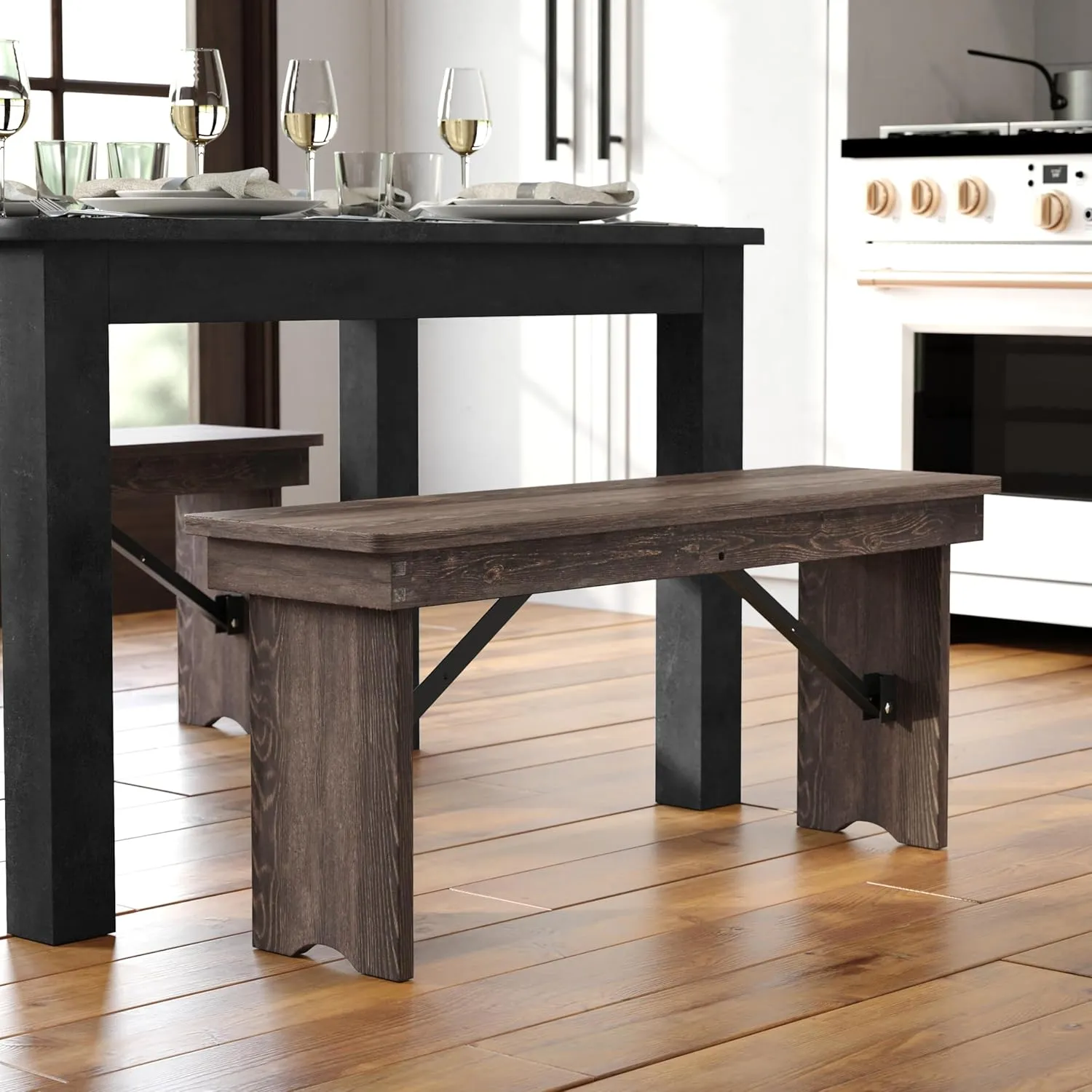 Flash Furniture HERCULES 40" x 12" Folding Farm Bench, Solid Pine Entryway Bench in Mahogany
