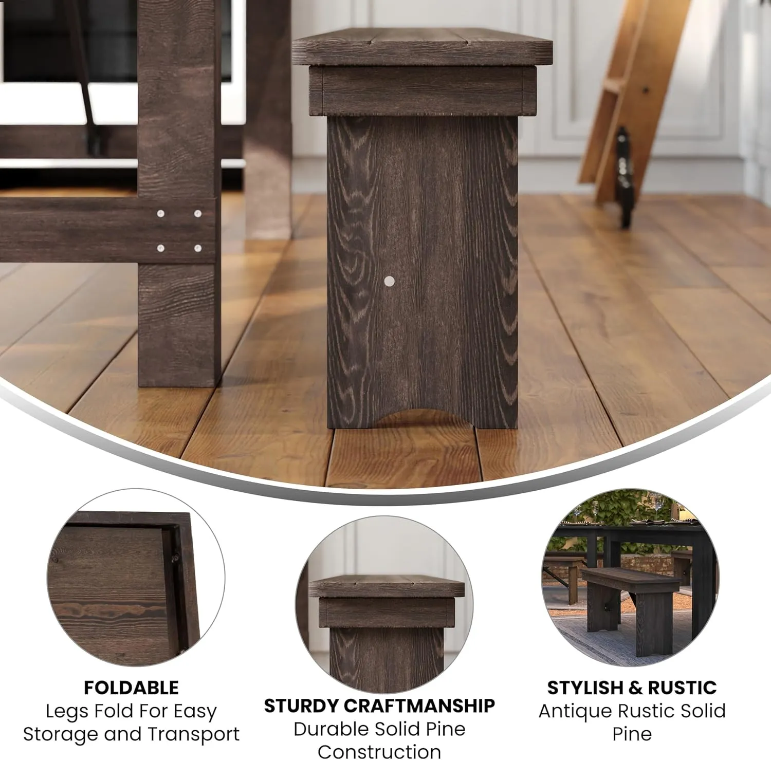 Flash Furniture HERCULES 40" x 12" Folding Farm Bench, Solid Pine Entryway Bench in Mahogany