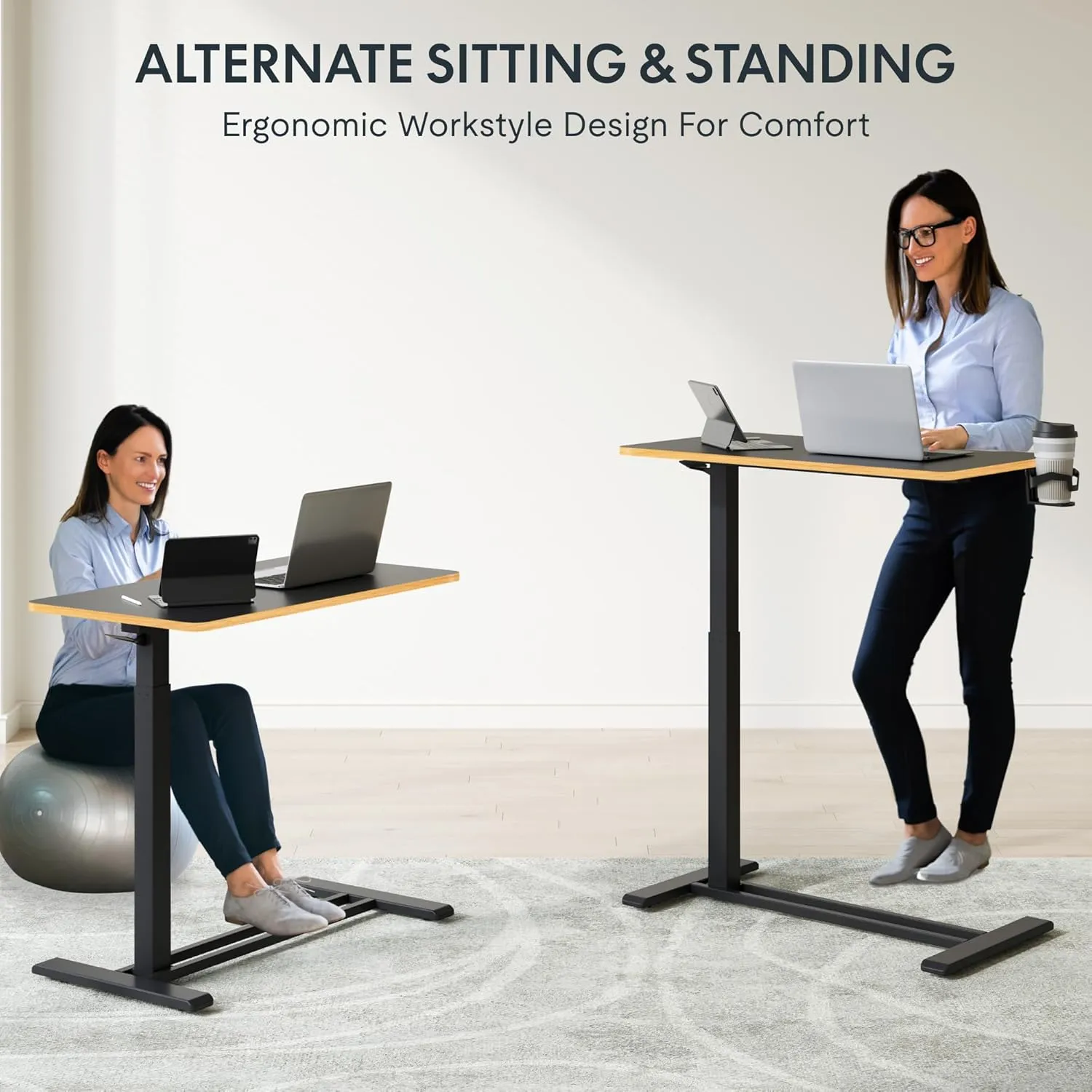 FLEXISPOT Mobile Standing Desk with Wheels Pneumatic Laptop Desk Rolling Computer Cart Movable Height Adjustable Small Sit Stand Desk Computer Workstations Home Use（27.6" W x 15.7" D, Black Maple