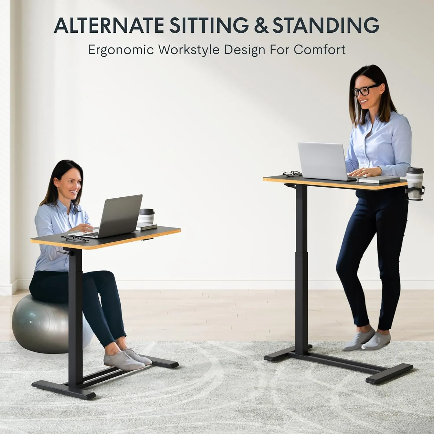 FLEXISPOT Mobile Standing Desk with Wheels Pneumatic Laptop Desk Rolling Computer Cart Movable Height Adjustable Small Sit Stand Desk Computer Workstations Home Use（27.6" W x 15.7" D, Black Maple