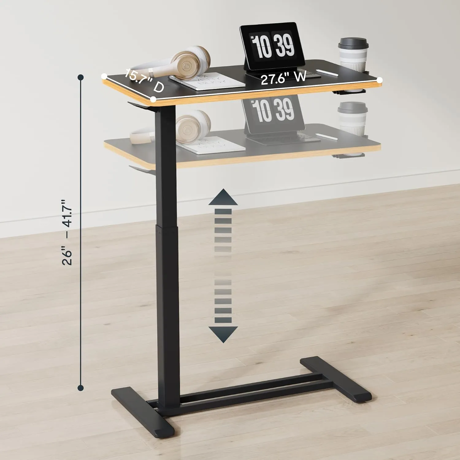 FLEXISPOT Mobile Standing Desk with Wheels Pneumatic Laptop Desk Rolling Computer Cart Movable Height Adjustable Small Sit Stand Desk Computer Workstations Home Use（27.6" W x 15.7" D, Black Maple
