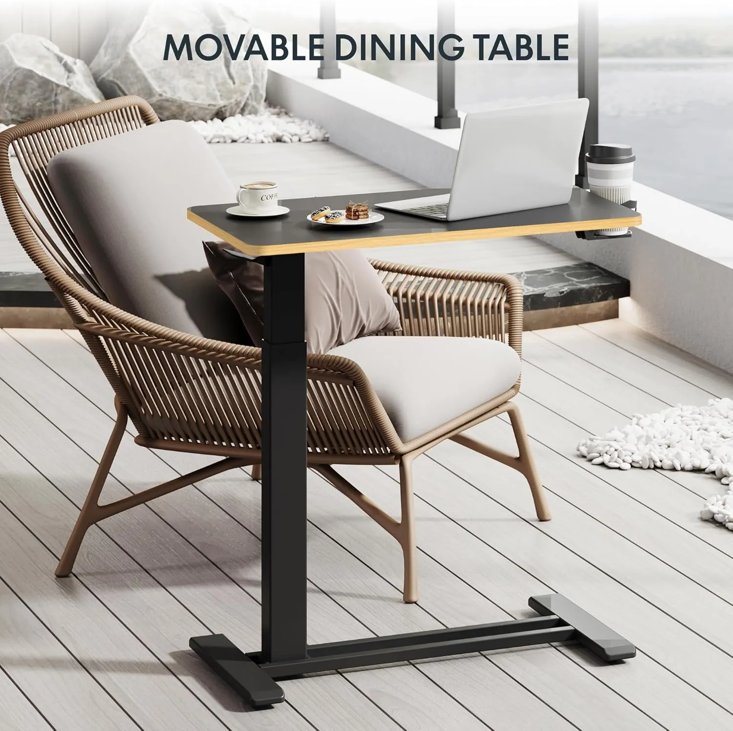 FLEXISPOT Mobile Standing Desk with Wheels Pneumatic Laptop Desk Rolling Computer Cart Movable Height Adjustable Small Sit Stand Desk Computer Workstations Home Use（27.6" W x 15.7" D, Black Maple