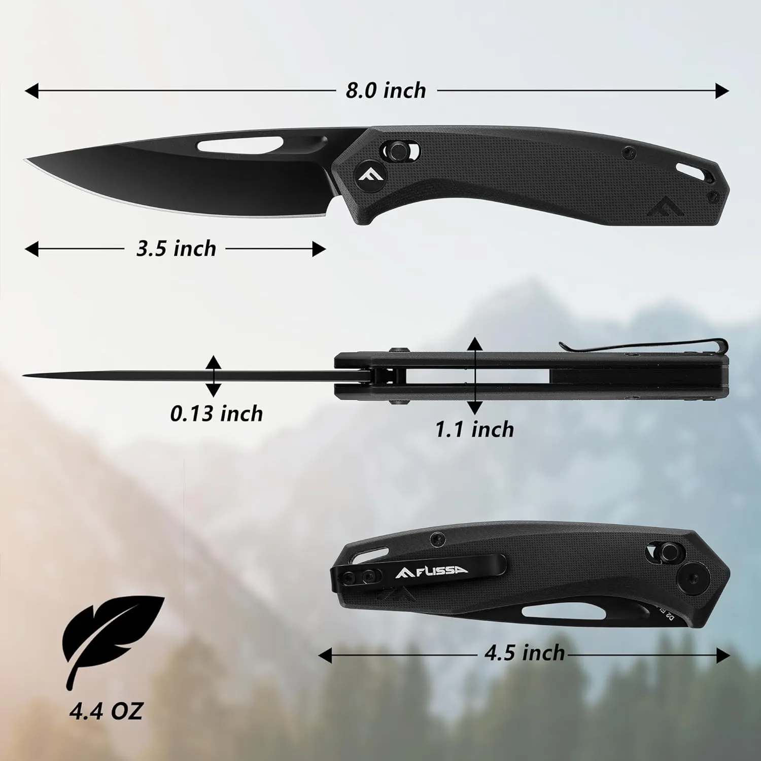 FLISSA Folding Pocket Knife, EDC Knife with Axis Lock, 3.5 inch D2 Steel Blade, G10 Handle and Deep-carry Pocket Clip for Camping, Hiking, Outdoors and Daily Use(Black)