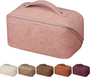 Floral Travel Cosmetic Bag Large Capacity Makeup Bag with Compartment and Handle Waterproof PU Leather Portable Flower Everything Cosmetic Bag, Pink