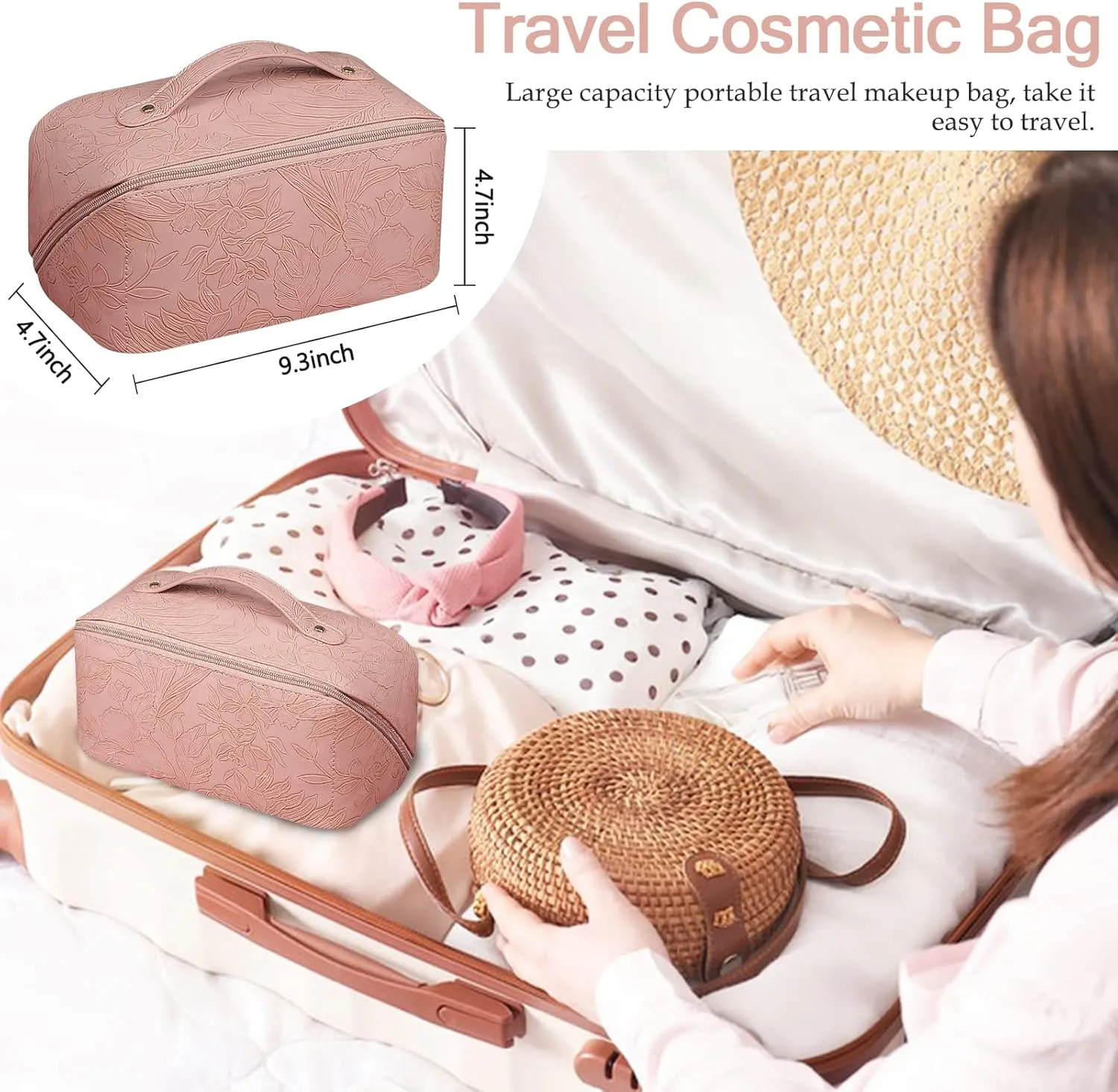 Floral Travel Cosmetic Bag Large Capacity Makeup Bag with Compartment and Handle Waterproof PU Leather Portable Flower Everything Cosmetic Bag, Pink