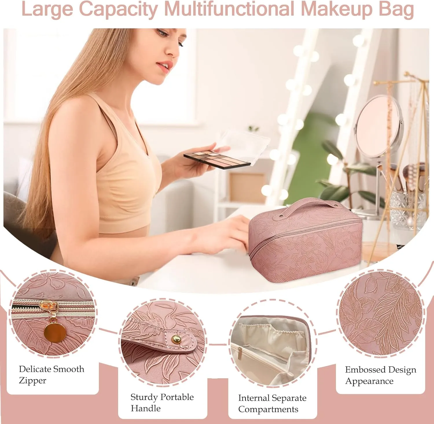 Floral Travel Cosmetic Bag Large Capacity Makeup Bag with Compartment and Handle Waterproof PU Leather Portable Flower Everything Cosmetic Bag, Pink