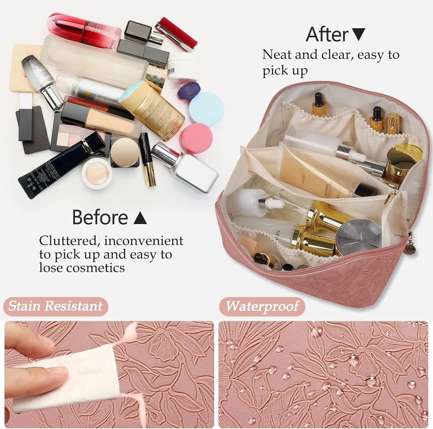 Floral Travel Cosmetic Bag Large Capacity Makeup Bag with Compartment and Handle Waterproof PU Leather Portable Flower Everything Cosmetic Bag, Pink