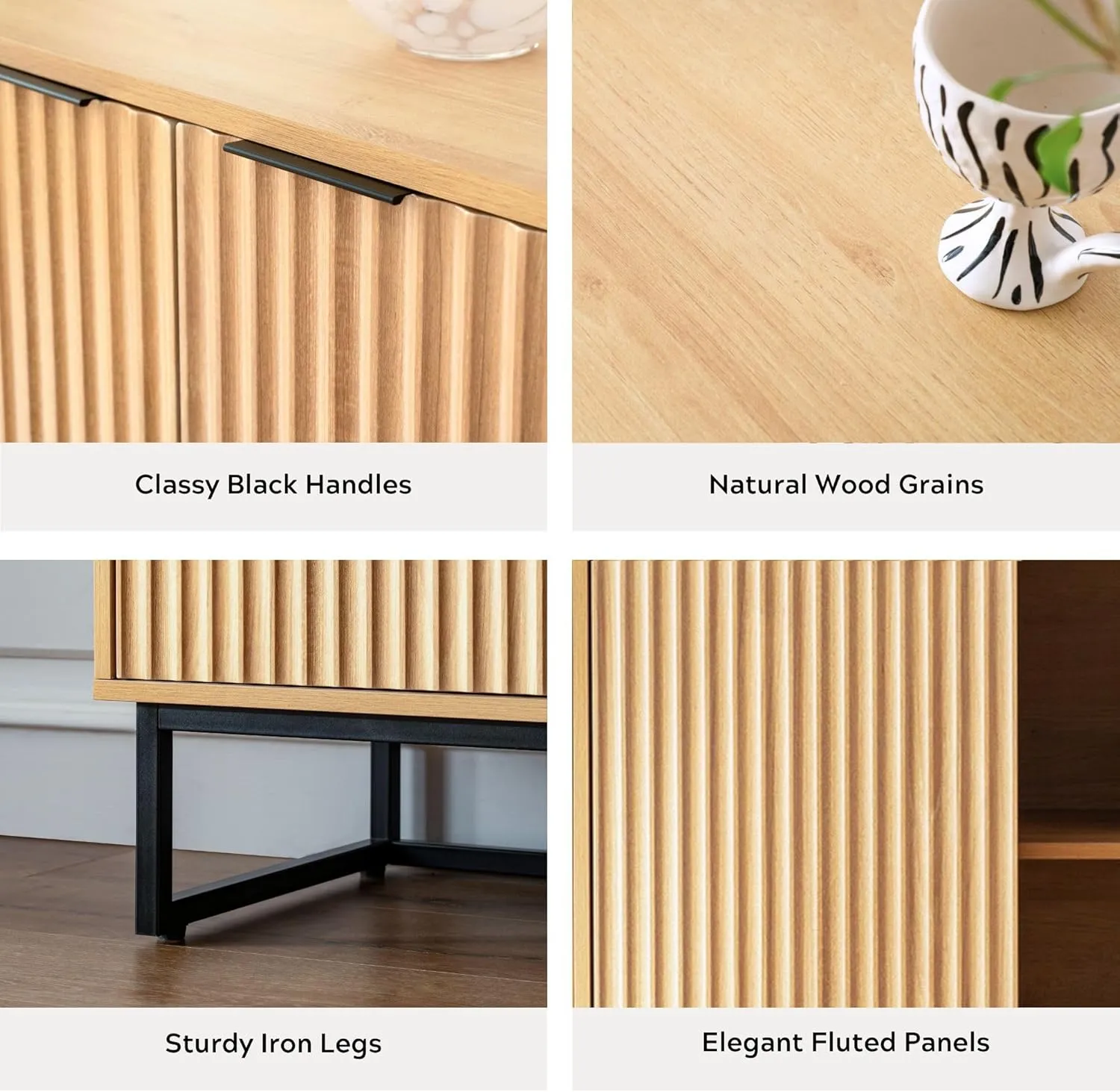 Fluted Storage Cabinet Set of 2, Sideboard Buffet Modern Accent Cabinet With Adjustable Shelves, Credenza, Console Table for Living Room Entryway, Natural Oak