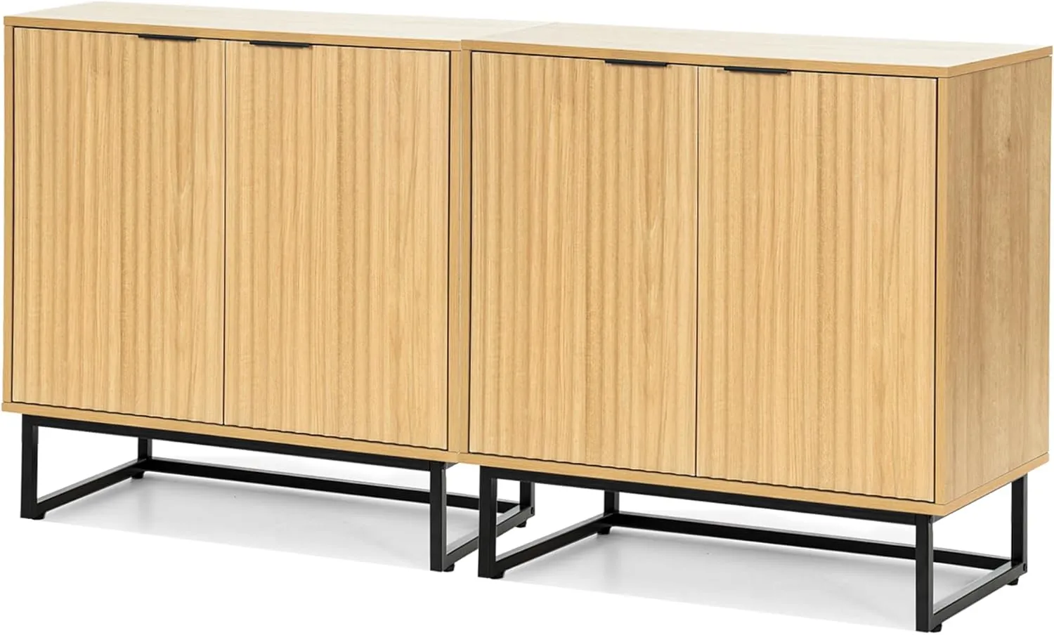 Fluted Storage Cabinet Set of 2, Sideboard Buffet Modern Accent Cabinet With Adjustable Shelves, Credenza, Console Table for Living Room Entryway, Natural Oak