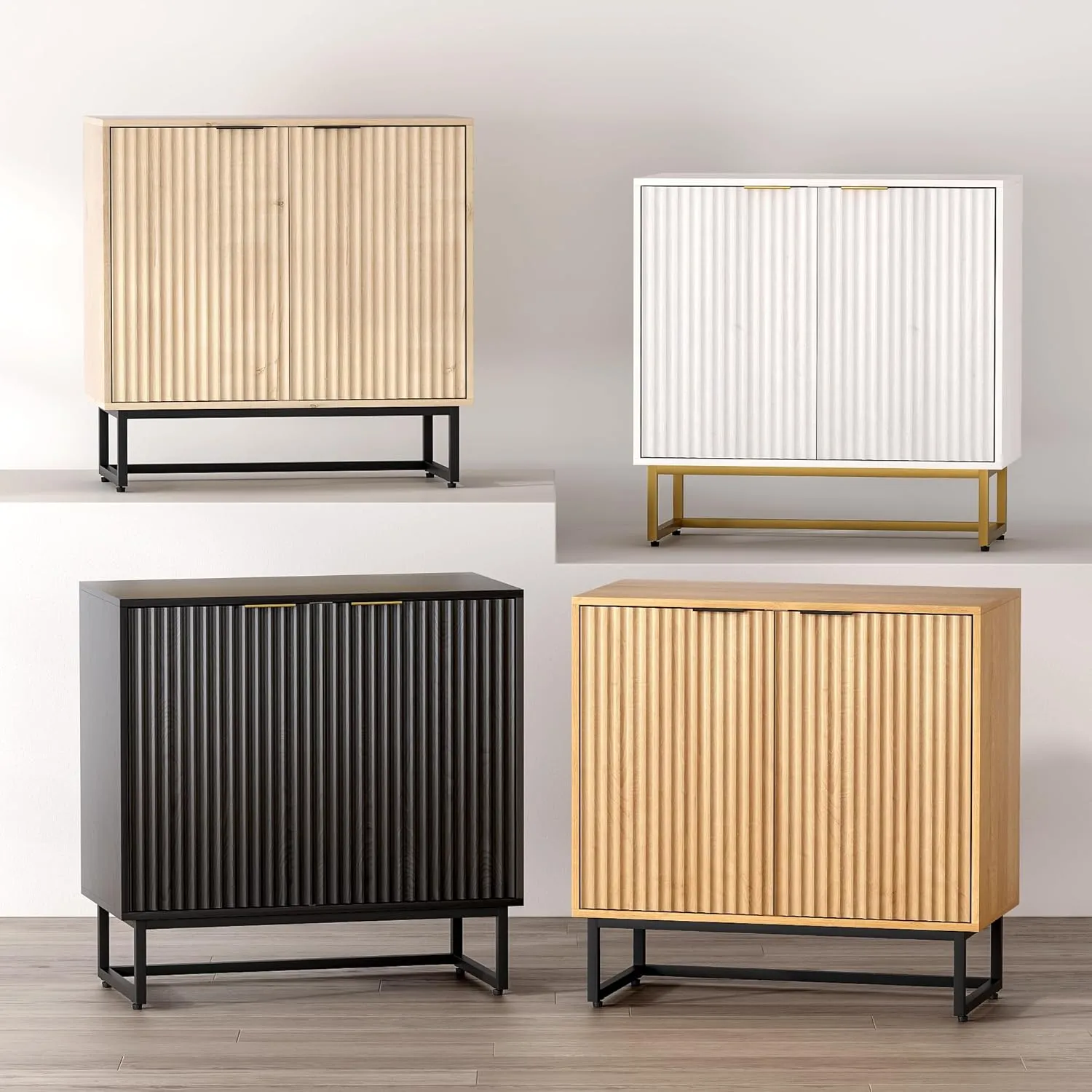 Fluted Storage Cabinet Set of 2, Sideboard Buffet Modern Accent Cabinet With Adjustable Shelves, Credenza, Console Table for Living Room Entryway, Natural Oak