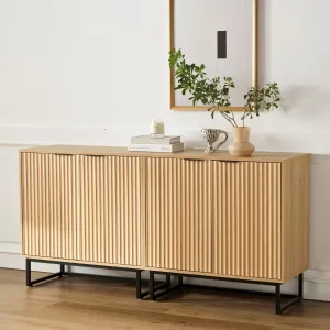 Fluted Storage Cabinet Set of 2, Sideboard Buffet Modern Accent Cabinet With Adjustable Shelves, Credenza, Console Table for Living Room Entryway, Natural Oak