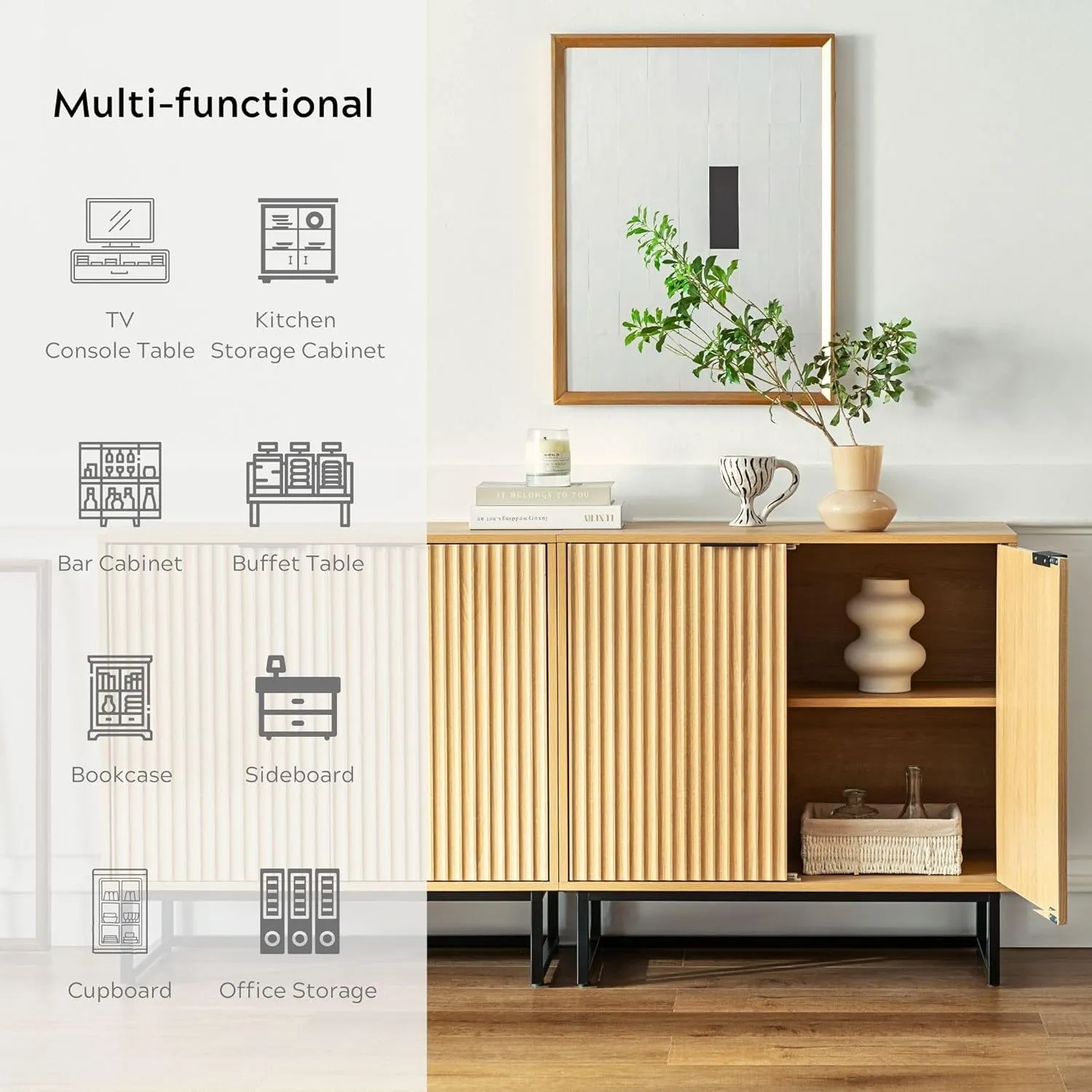 Fluted Storage Cabinet Set of 2, Sideboard Buffet Modern Accent Cabinet With Adjustable Shelves, Credenza, Console Table for Living Room Entryway, Natural Oak