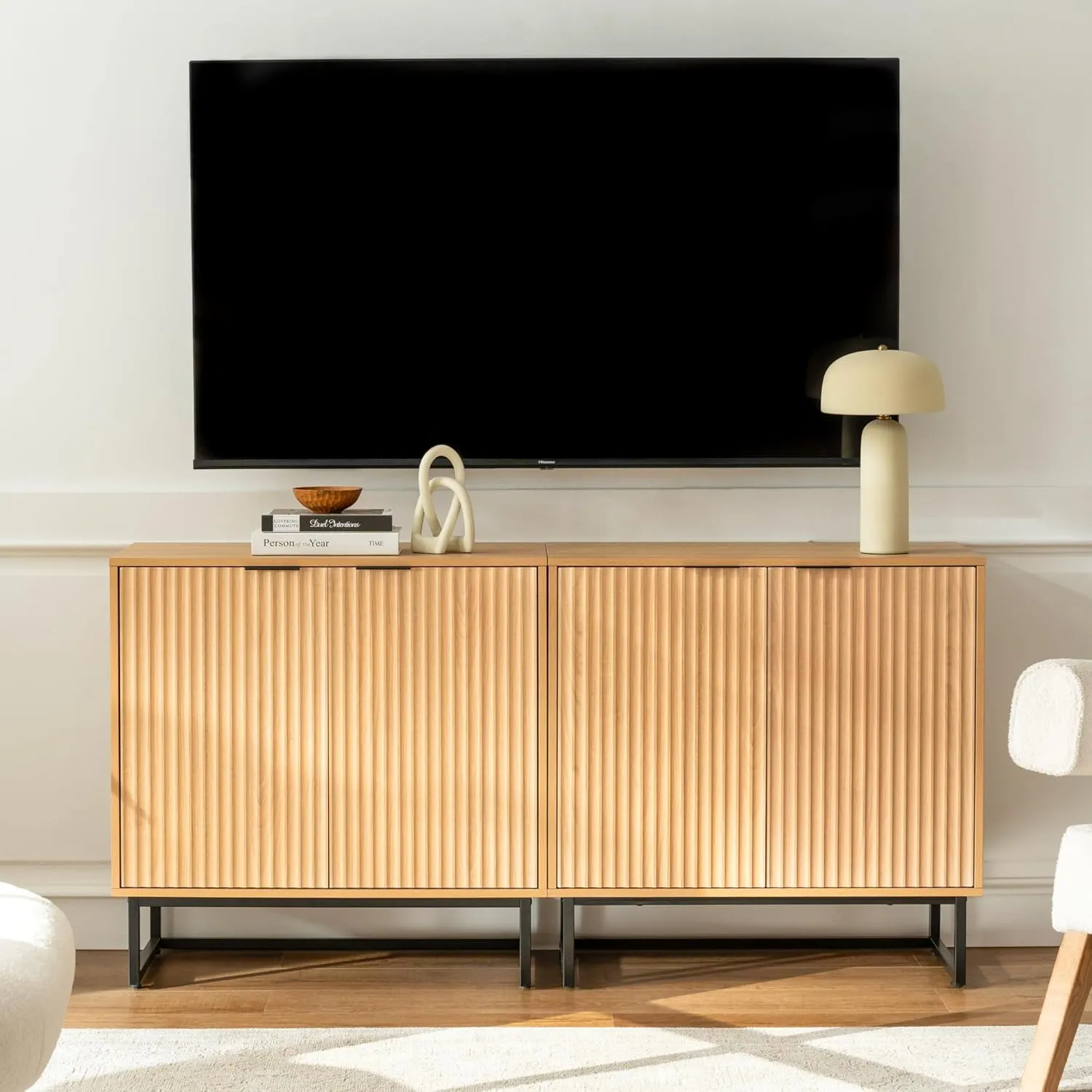 Fluted Storage Cabinet Set of 2, Sideboard Buffet Modern Accent Cabinet With Adjustable Shelves, Credenza, Console Table for Living Room Entryway, Natural Oak