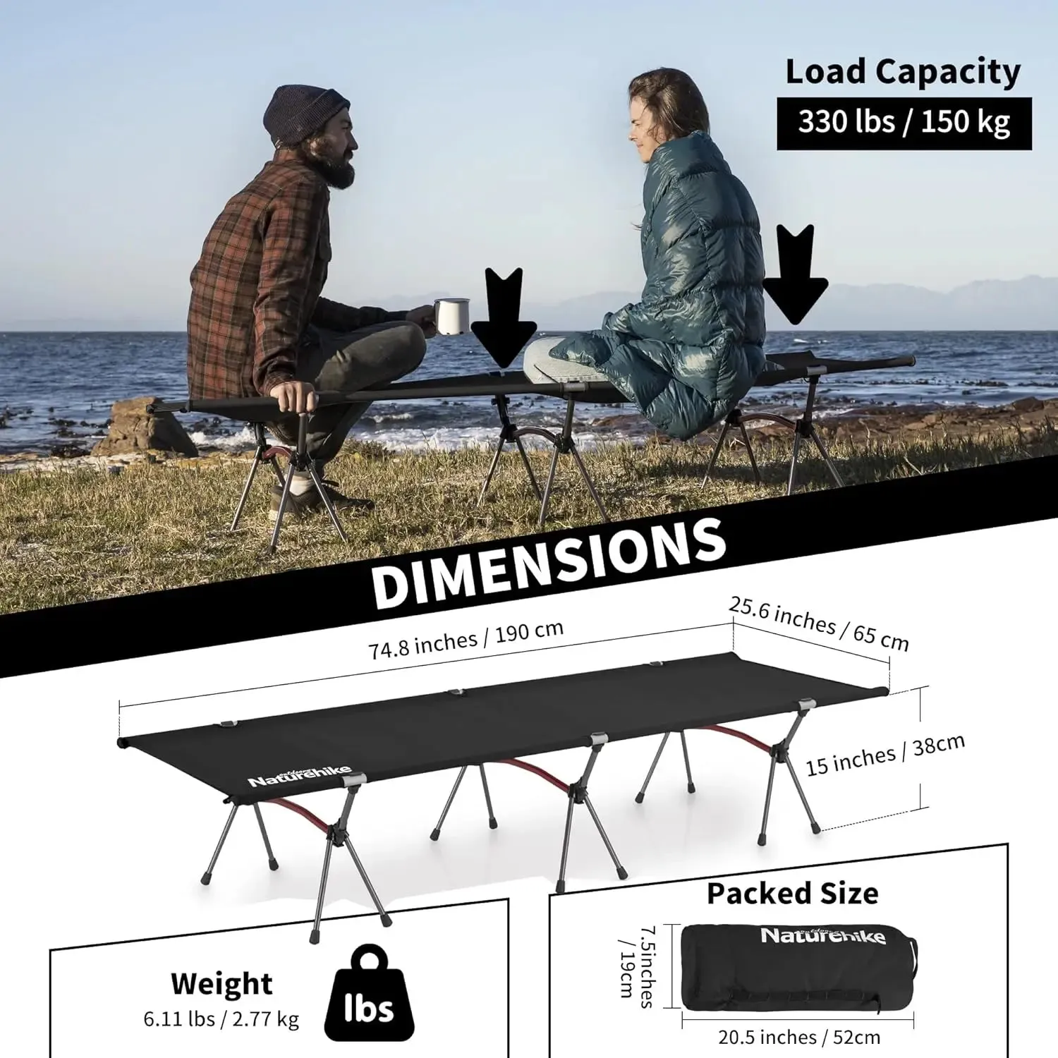 Folding Camping Cot, Height Adjustable