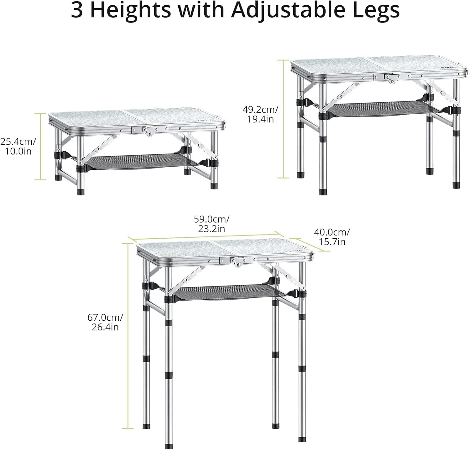 Folding Camping Table, Aluminum 24" x 16" Adjustable Height Small Folding Table with Carrying Handle, Lightweight, Portable Camping Table Waterproof for Outdoor Indoor Picnic Beach BBQ, Silver