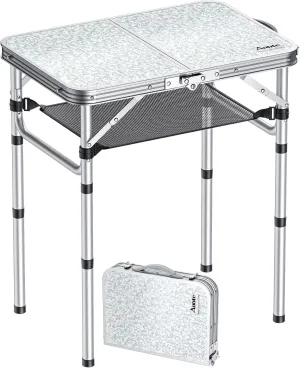 Folding Camping Table, Aluminum 24" x 16" Adjustable Height Small Folding Table with Carrying Handle, Lightweight, Portable Camping Table Waterproof for Outdoor Indoor Picnic Beach BBQ, Silver