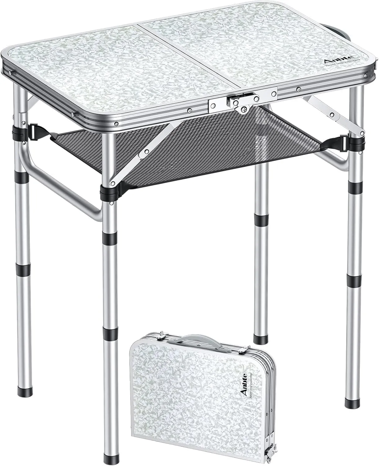 Folding Camping Table, Aluminum 24" x 16" Adjustable Height Small Folding Table with Carrying Handle, Lightweight, Portable Camping Table Waterproof for Outdoor Indoor Picnic Beach BBQ, Silver