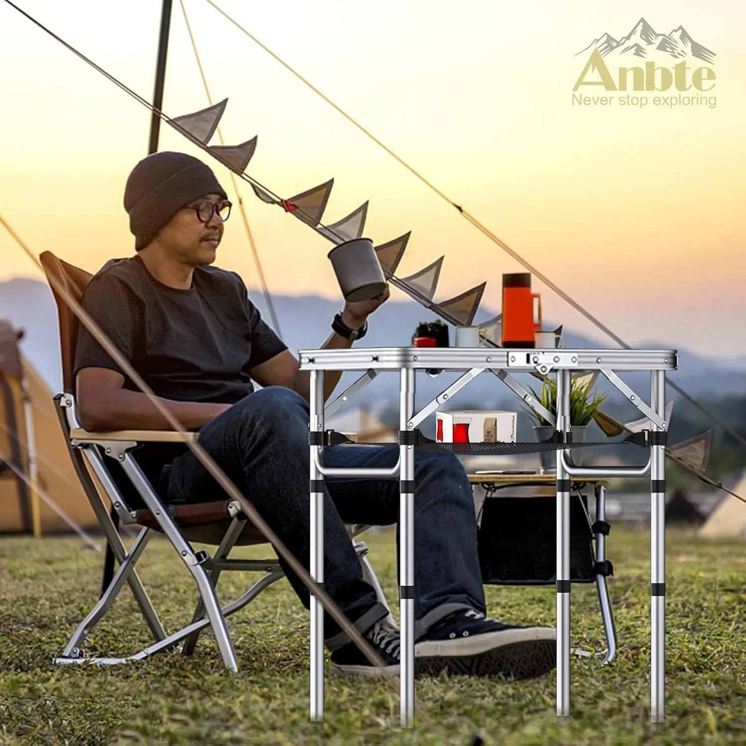 Folding Camping Table, Aluminum 24" x 16" Adjustable Height Small Folding Table with Carrying Handle, Lightweight, Portable Camping Table Waterproof for Outdoor Indoor Picnic Beach BBQ, Silver