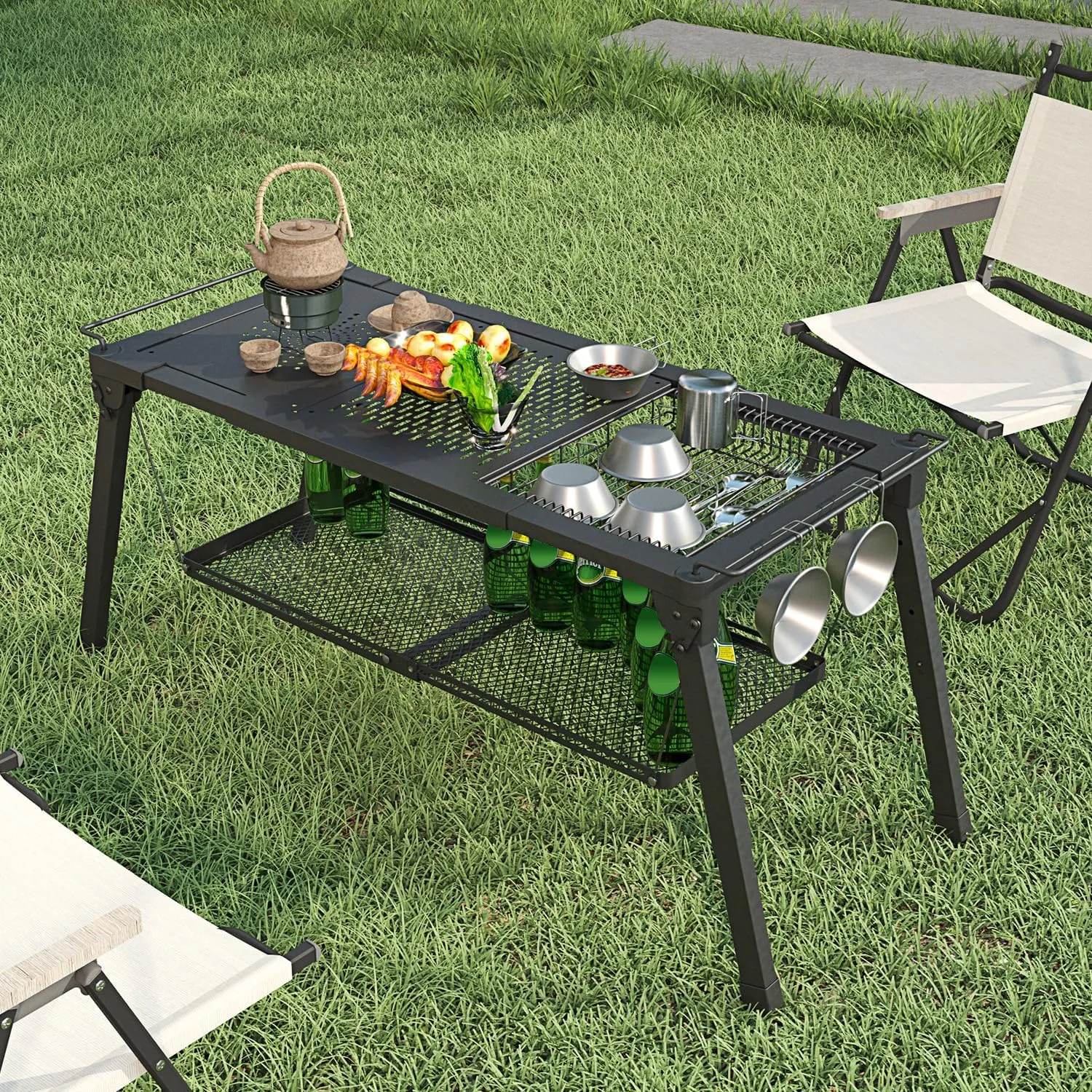 Folding Camping Table Portable, Sturdy Extended Outdoor Table for Camping, Height and Width Adjustable IGT Camping Tables with Carry Bag for Outside, Picnicing, Fishing, Patio, Garden, Black