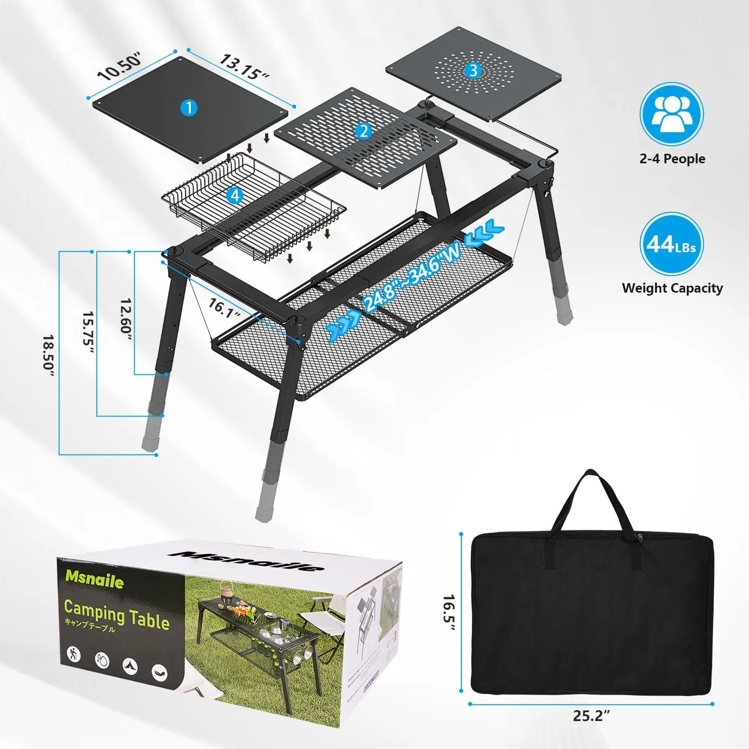 Folding Camping Table Portable, Sturdy Extended Outdoor Table for Camping, Height and Width Adjustable IGT Camping Tables with Carry Bag for Outside, Picnicing, Fishing, Patio, Garden, Black