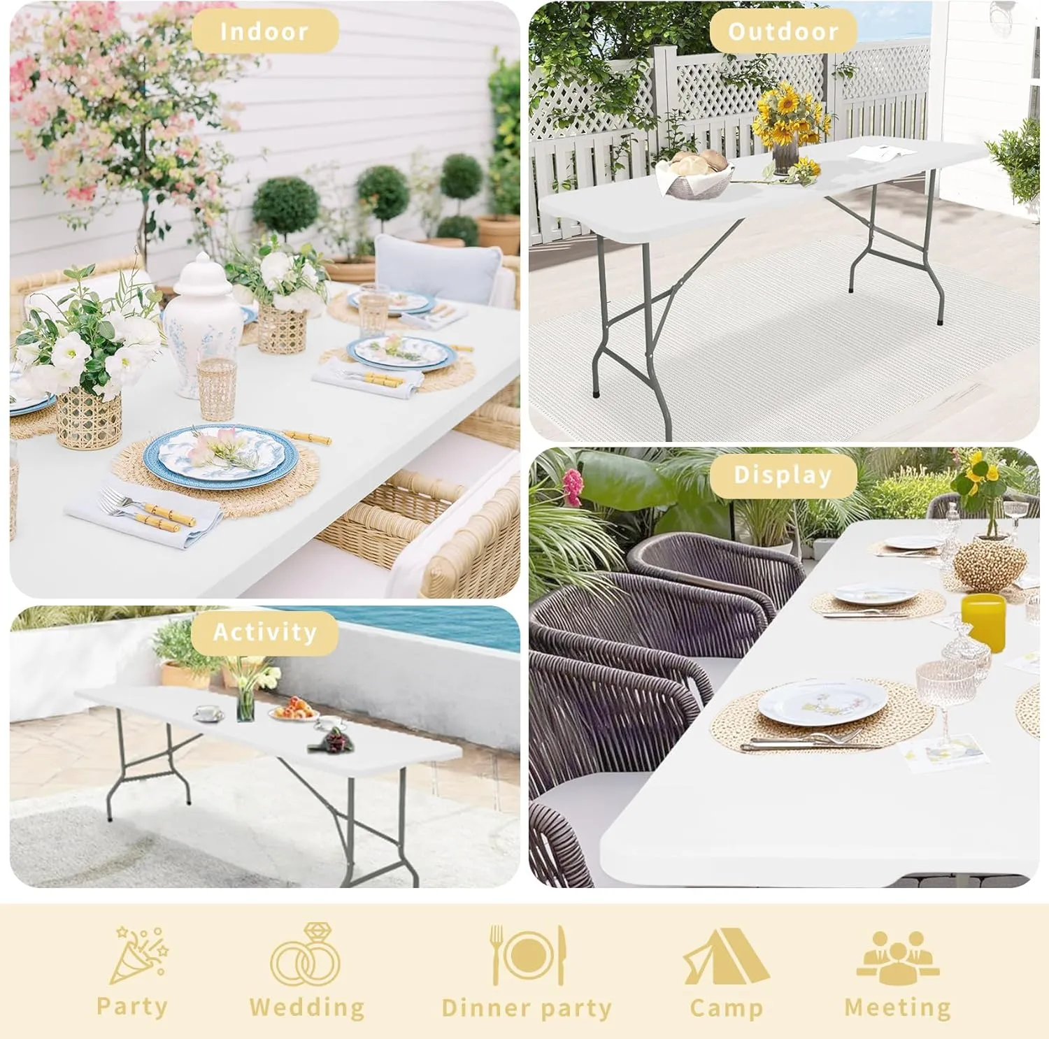 Folding Table 6 FT Camping Table Portable Heavy Duty Plastic Rectangular Outdoor Dining Table Steel Legs Fold-in-Half with Carrying Handle for Indoor,Picnic,Party,Wedding,Events(White)