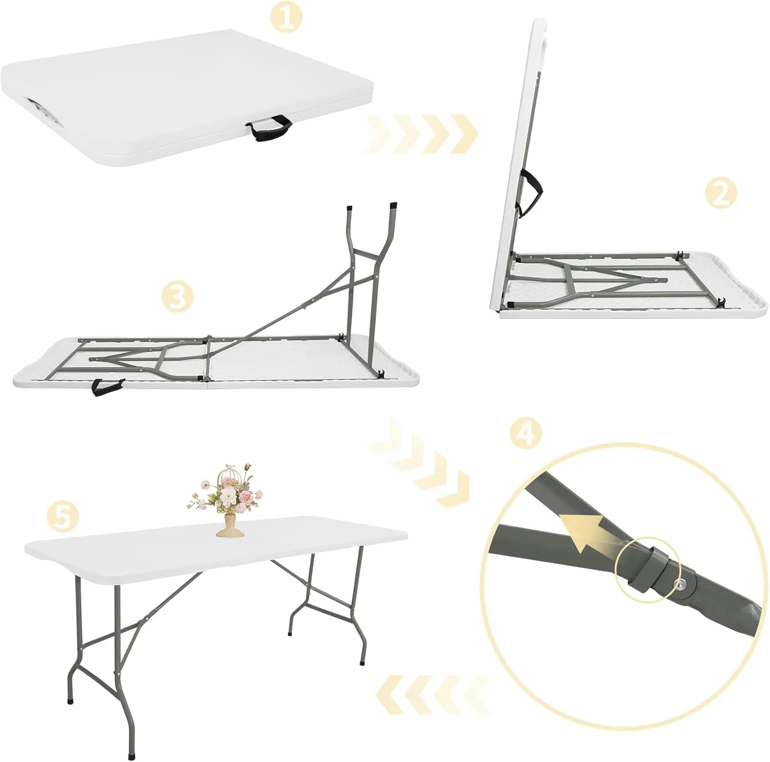 Folding Table 6 FT Camping Table Portable Heavy Duty Plastic Rectangular Outdoor Dining Table Steel Legs Fold-in-Half with Carrying Handle for Indoor,Picnic,Party,Wedding,Events(White)
