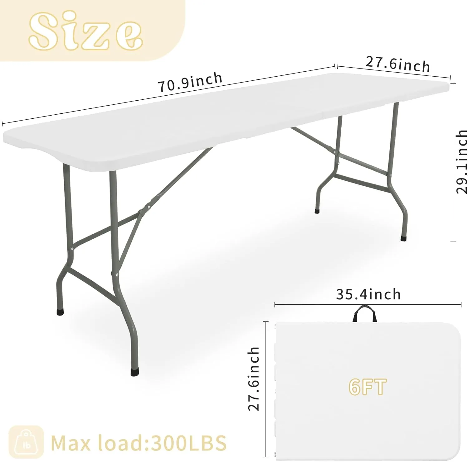 Folding Table 6 FT Camping Table Portable Heavy Duty Plastic Rectangular Outdoor Dining Table Steel Legs Fold-in-Half with Carrying Handle for Indoor,Picnic,Party,Wedding,Events(White)