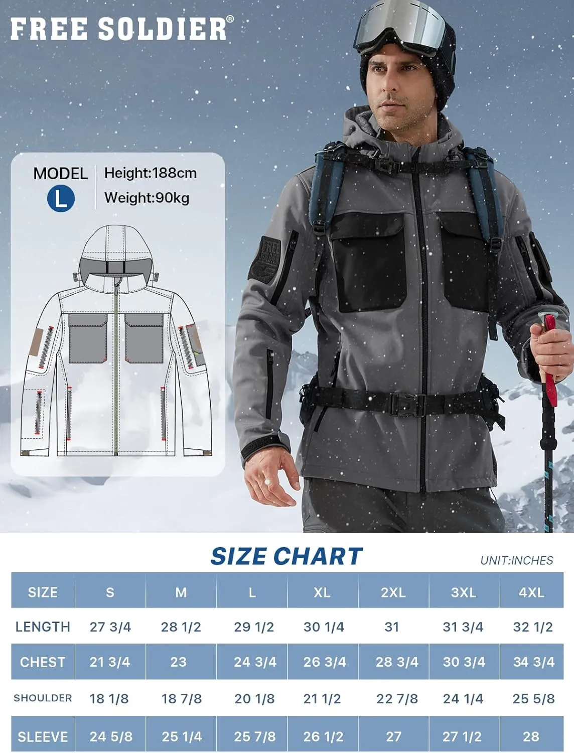 FREE SOLDIER Men's Waterproof Softshell Jacket Thick Fleece Lined Outdoor Jacket Tactical Military Hoodie Windbreaker