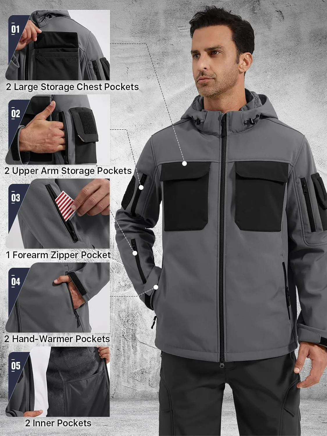 FREE SOLDIER Men's Waterproof Softshell Jacket Thick Fleece Lined Outdoor Jacket Tactical Military Hoodie Windbreaker
