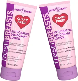 Fresh BREASTS Anti-Chafing Deodorant Cream to Powder for Under Boobs, Inner Thighs - Lotion Made without Talc, Aluminum, Parabens or Added Fragrance - 3.4 Fl Oz (2 Pack)