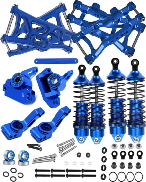 Front Rear Assembled Full Metal Shocks Upgrades Part for 1/10 Rustler/Stampede VXL 2WD,Alloy Suspension A Arm,Aluminum Caster Block & Steering Blocks & Rear Stub Axle Carriers,Blue