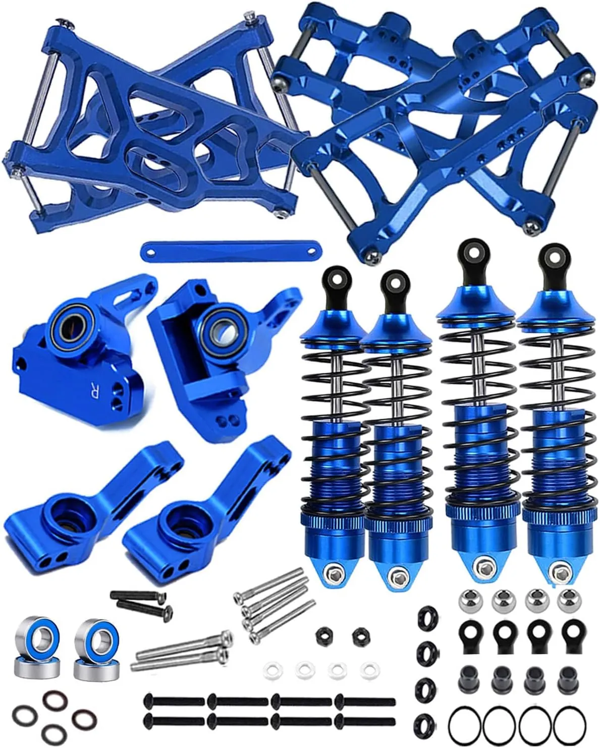 Front Rear Assembled Full Metal Shocks Upgrades Part for 1/10 Rustler/Stampede VXL 2WD,Alloy Suspension A Arm,Aluminum Caster Block & Steering Blocks & Rear Stub Axle Carriers,Blue