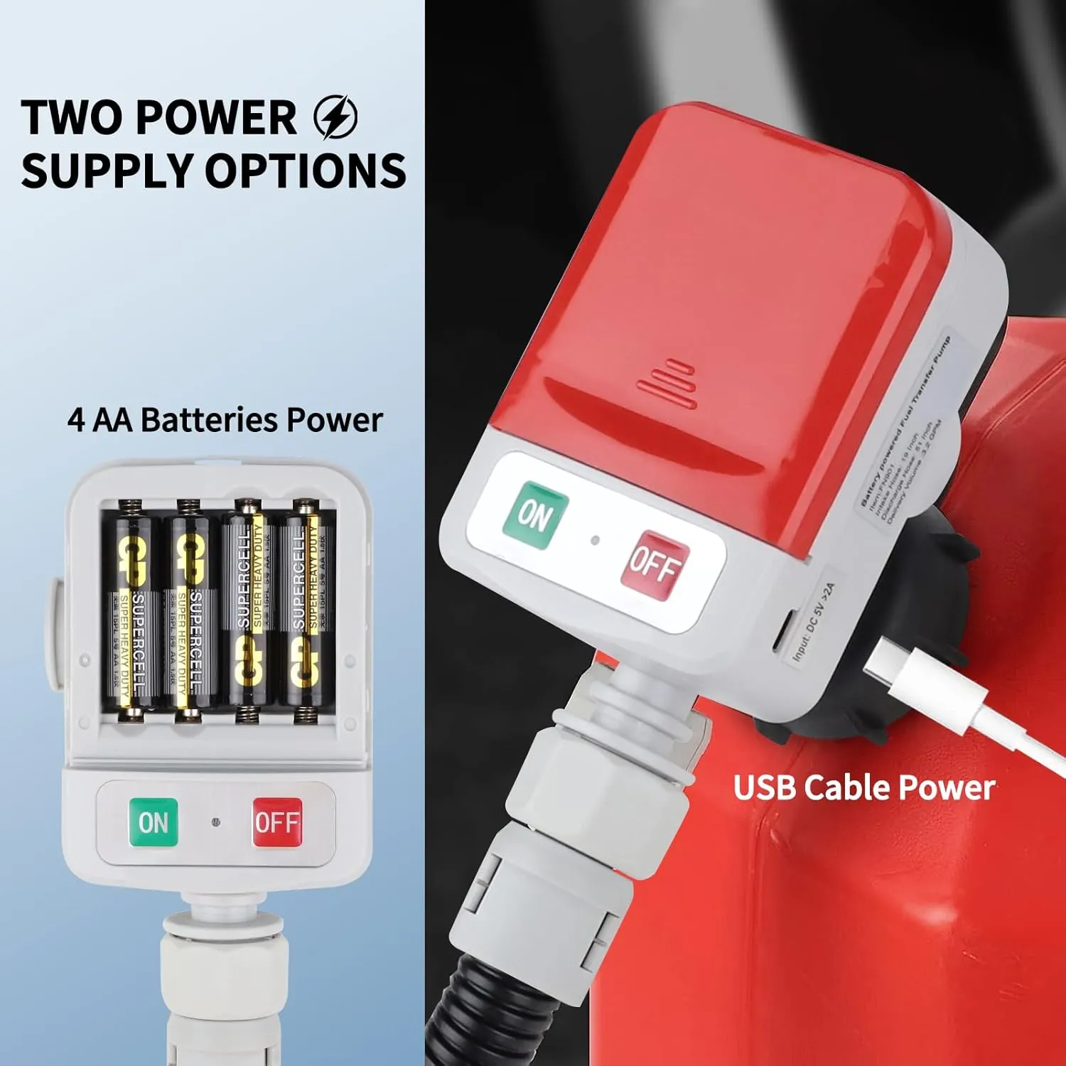 Fuel Transfer Pump (3.2GPM) with Hand Nozzle for Quick Stop Flow Control, 51" Hose Automatic Gas Pump with 4 Gas Can Fittings, USB and Battery Powered Portable Siphon Pump for Oil, Gasoline, Diesel