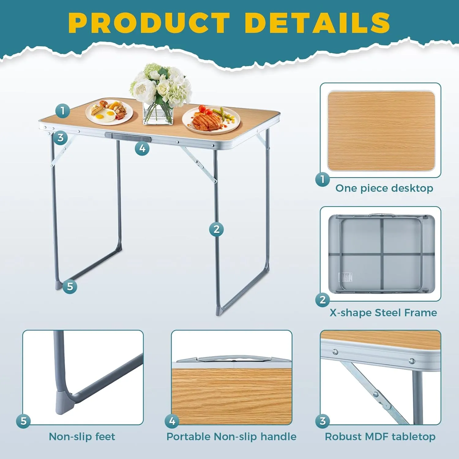 FUNDANGO Small Folding Table, Portable Lightweight Picnic Foldable Card Tables with Carry Handle for Outdoor Hiking BBQ Beach Backyard