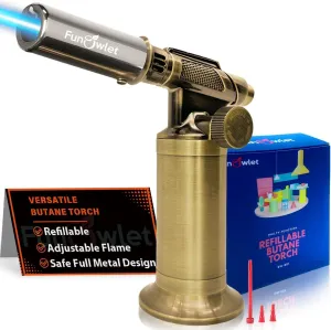 FunOwlet Refillable Butane Torch Lighter, Premium Metal Soldering Blow Torches with Adjustable Precision Flame for Kitchen Culinary Cooking, Creme Brulee, Industrial Welding DIY - Gas Not Included