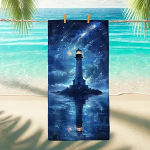 Galactic Lighthouse Microfiber Beach Towel Dark Blue Starry Night Bath Towel, Quick Dry Absorbent Soft Sand Free Lightweight Beach Blanket, Vacation Picnic Essentials 62x31 Inch