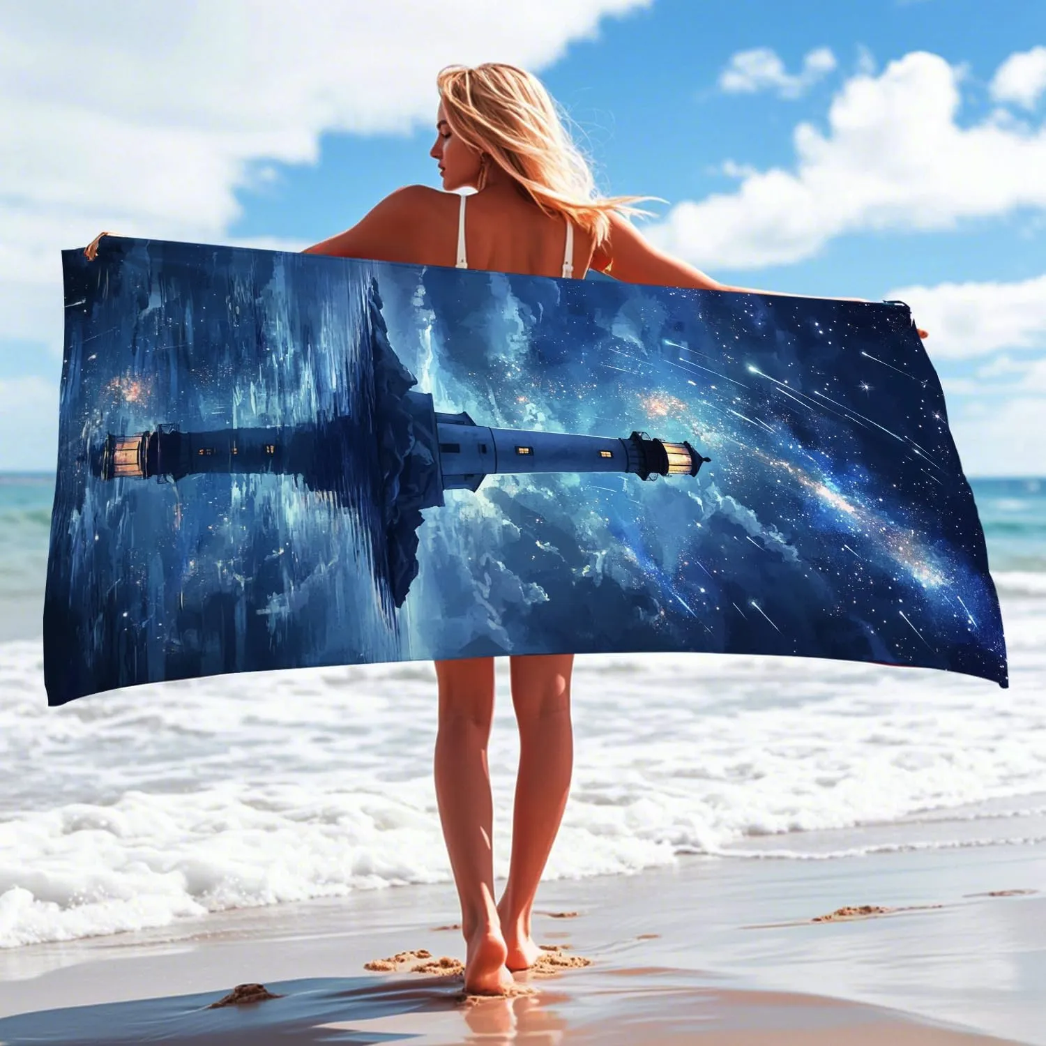 Galactic Lighthouse Microfiber Beach Towel Dark Blue Starry Night Bath Towel, Quick Dry Absorbent Soft Sand Free Lightweight Beach Blanket, Vacation Picnic Essentials 62x31 Inch