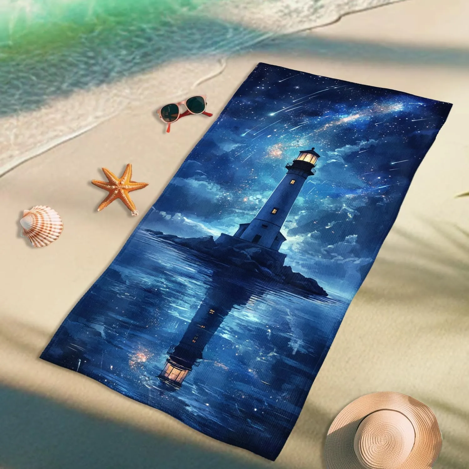 Galactic Lighthouse Microfiber Beach Towel Dark Blue Starry Night Bath Towel, Quick Dry Absorbent Soft Sand Free Lightweight Beach Blanket, Vacation Picnic Essentials 62x31 Inch