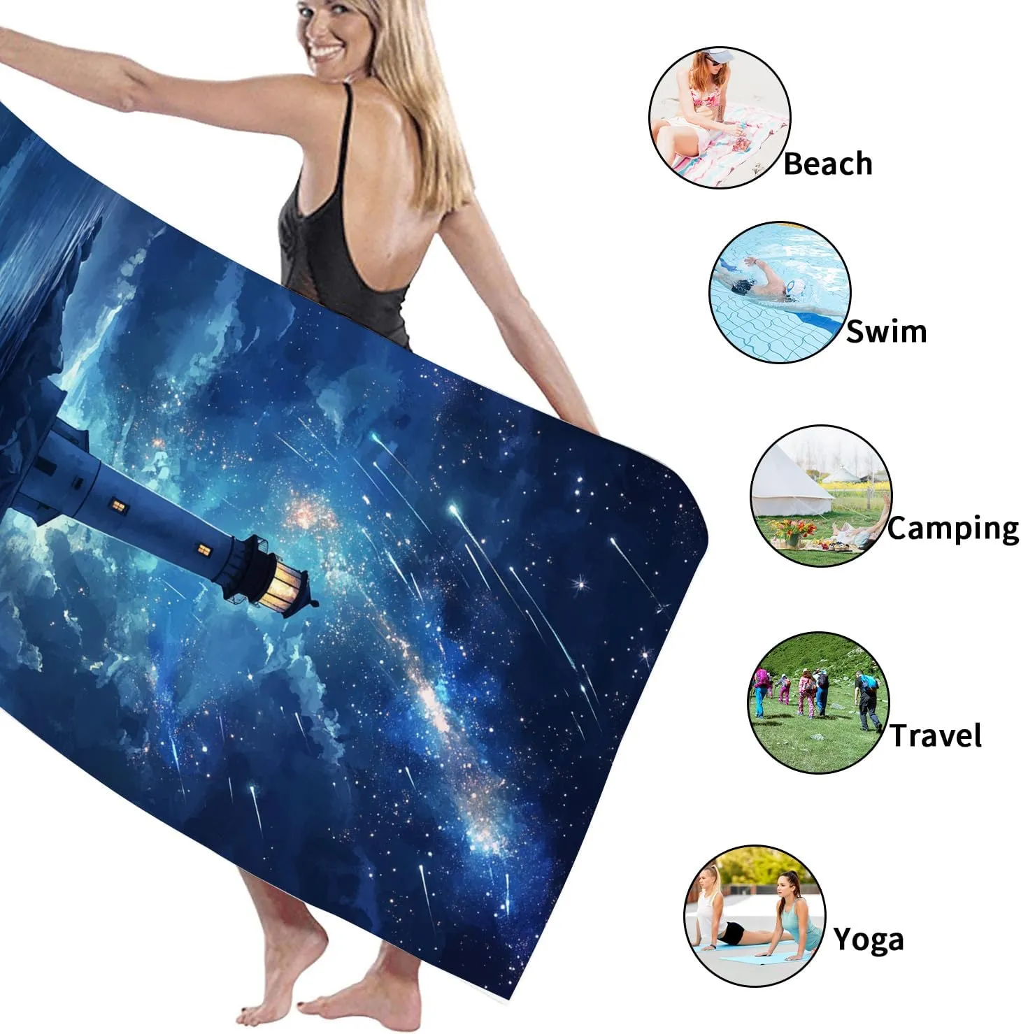 Galactic Lighthouse Microfiber Beach Towel Dark Blue Starry Night Bath Towel, Quick Dry Absorbent Soft Sand Free Lightweight Beach Blanket, Vacation Picnic Essentials 62x31 Inch