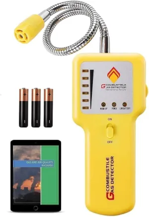 Gas Leak Detector & Natural Gas Detector: Portable Gas Sniffer to Locate Leaks of Multiple Combustible Gases Like Propane, Methane, LPG, LNG, Fuel, Sewer Gas with 12" Flexible Sensor Neck