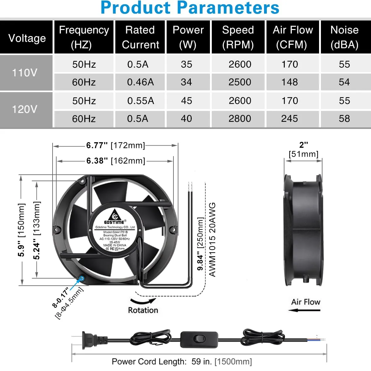 GDSTIME Axial Fan 17251, 110V 120V AC 172mm x 150mm x 51mm Dual Ball Bearing High Speed for DIY Cooling Ventilation Exhaust Projects