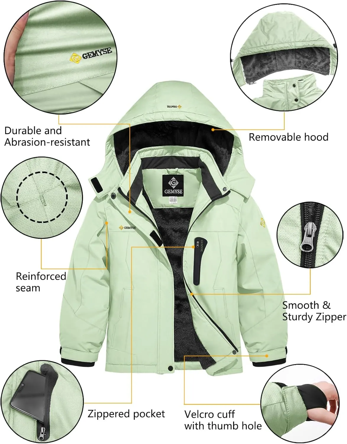 GEMYSE Girl's Waterproof Ski Snow Jacket Hooded Fleece Lined Windproof Winter Jacket