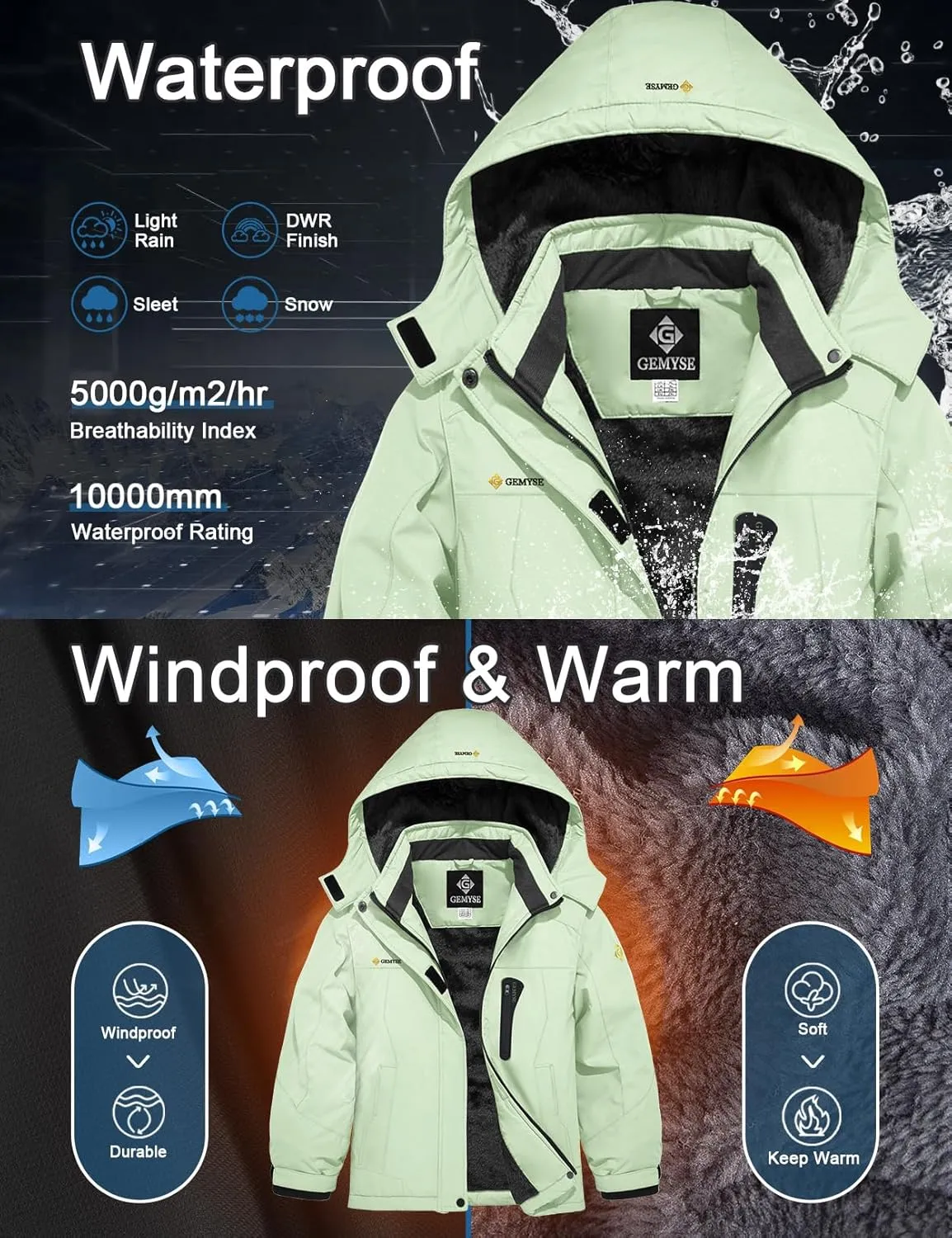 GEMYSE Girl's Waterproof Ski Snow Jacket Hooded Fleece Lined Windproof Winter Jacket