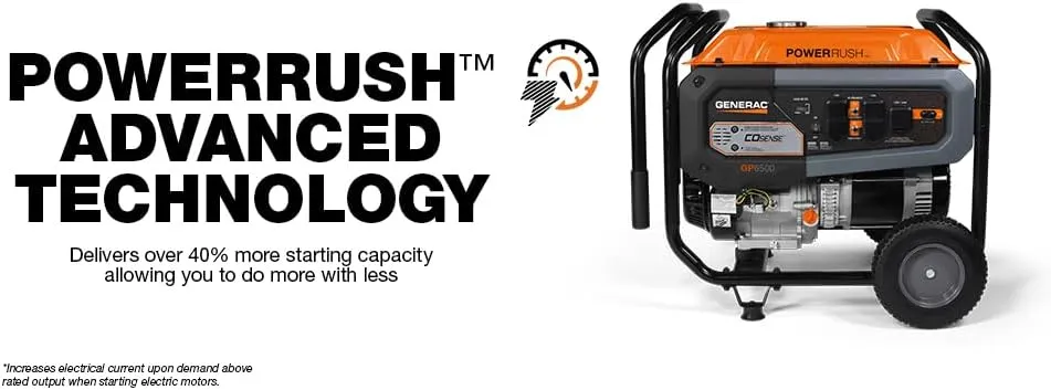 Generac 6,500-Watt Gas-Powered Portable Generator - COsense Technology - PowerRush Advanced Technology - Reliable Power for Emergencies, Recreation, Home - 49 State Compliant - Orange/Black