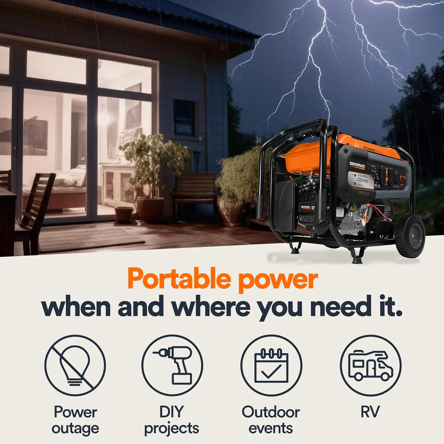 Generac 6,500-Watt Gas-Powered Portable Generator - COsense Technology - PowerRush Advanced Technology - Reliable Power for Emergencies, Recreation, Home - 49 State Compliant - Orange/Black