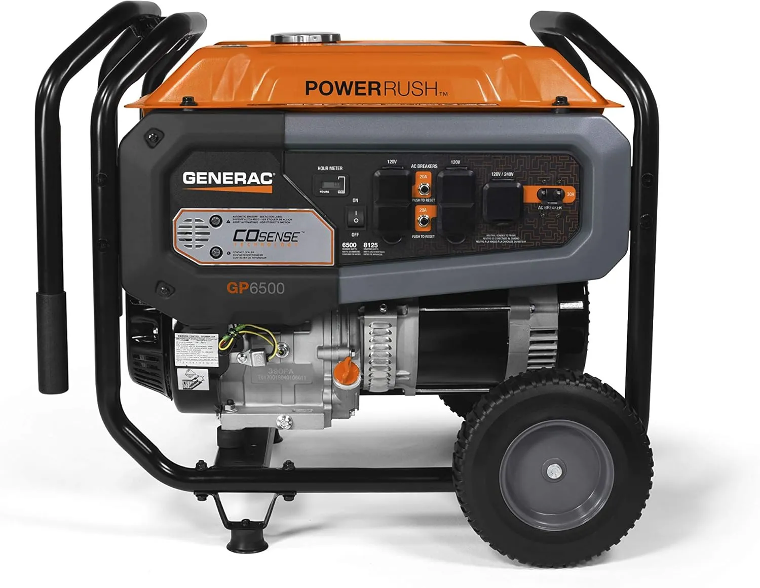 Generac 6,500-Watt Gas-Powered Portable Generator - COsense Technology - PowerRush Advanced Technology - Reliable Power for Emergencies, Recreation, Home - 49 State Compliant - Orange/Black
