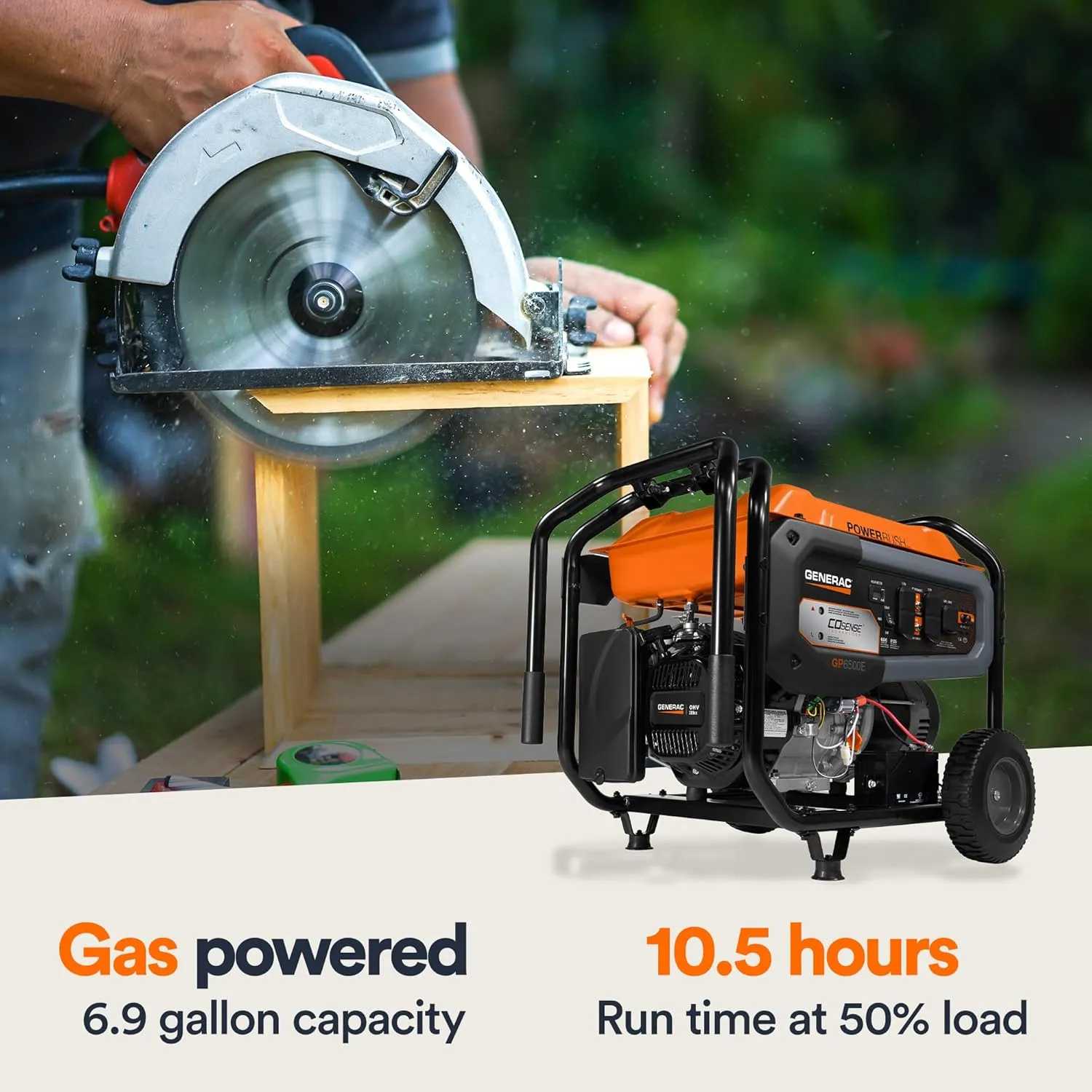 Generac 6,500-Watt Gas-Powered Portable Generator - COsense Technology - PowerRush Advanced Technology - Reliable Power for Emergencies, Recreation, Home - 49 State Compliant - Orange/Black